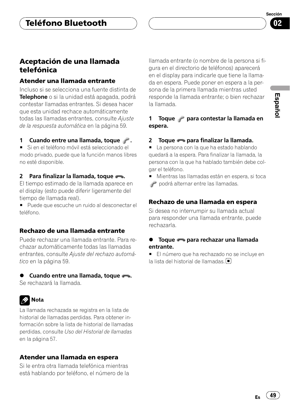 Aceptación de una llamada, Telefónica, Teléfono bluetooth | Aceptación de una llamada telefónica | Pioneer CD-BTB20 User Manual | Page 49 / 169