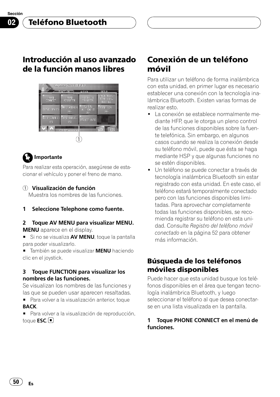 Introducción al uso avanzado de la función, Manos libres, Conexión de un teléfono móvil | Búsqueda de los teléfonos móviles, Disponibles, Teléfono bluetooth | Pioneer CD-BTB20 User Manual | Page 50 / 169