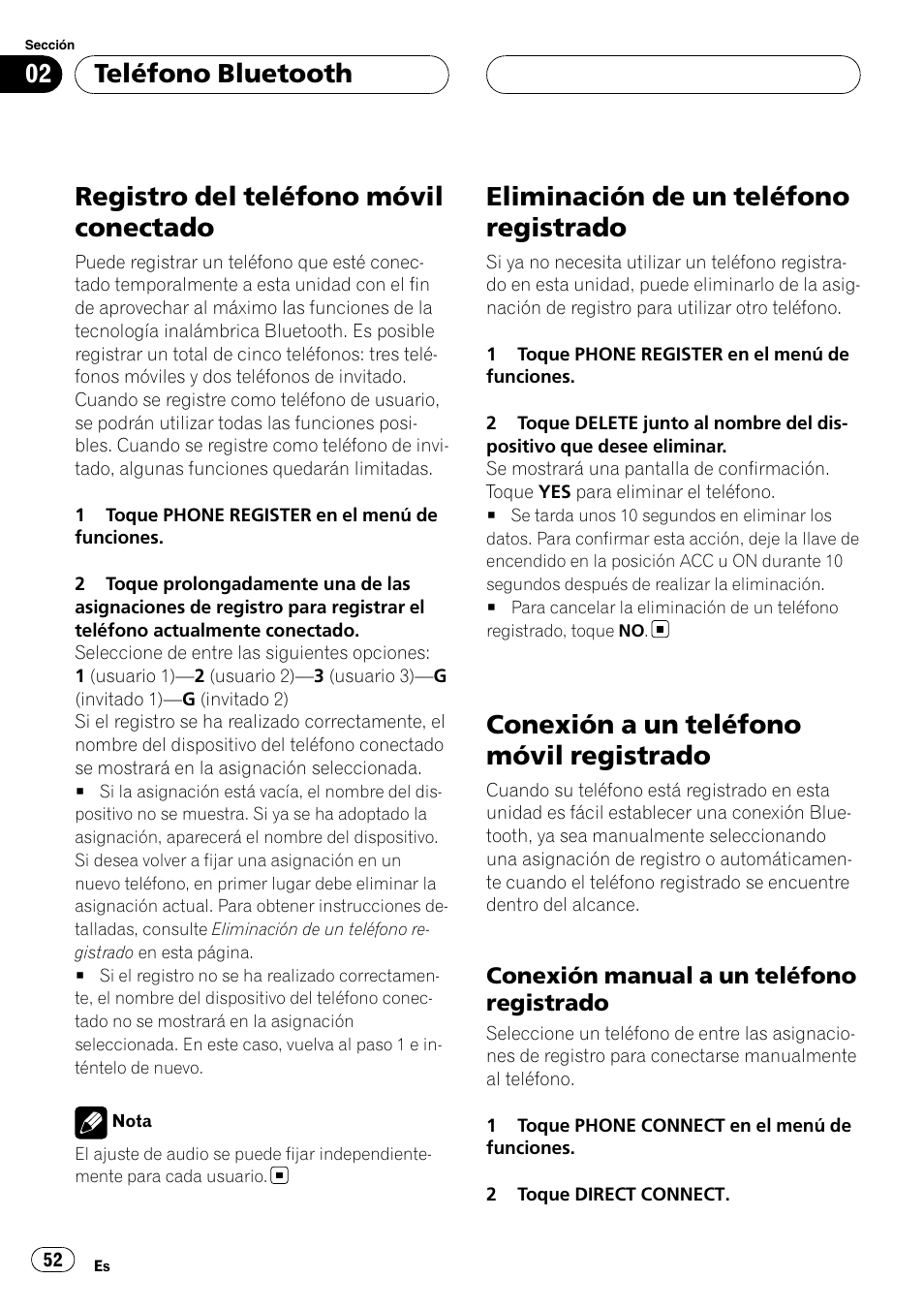 Registro del teléfono móvil conectado, Eliminación de un teléfono registrado, Conexión a un teléfono móvil registrado | Conexión manual a un teléfono, Registrado, Teléfono bluetooth | Pioneer CD-BTB20 User Manual | Page 52 / 169