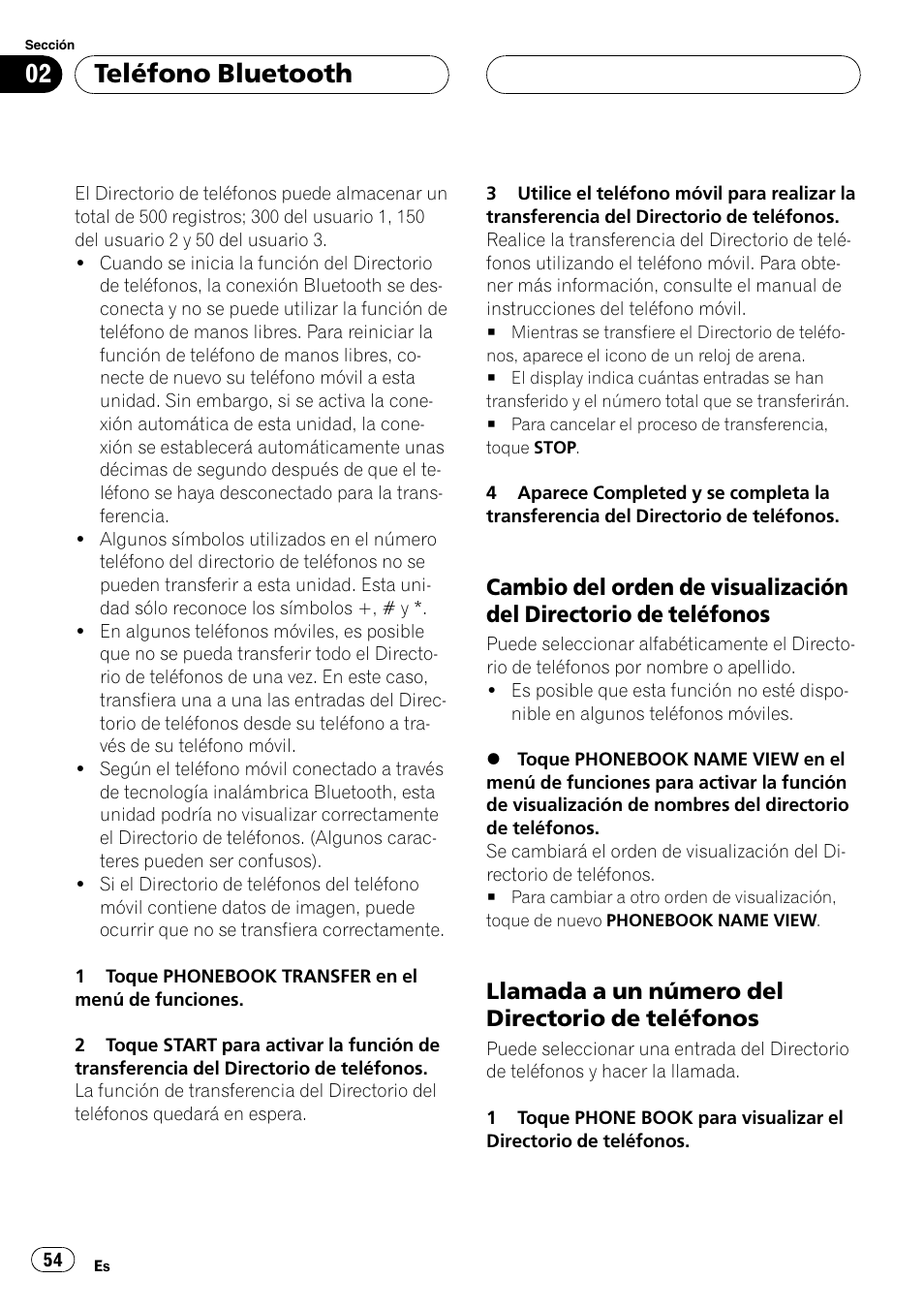 Cambio del orden de visualización del, Directorio de teléfonos, Llamada a un número del directorio de | Teléfonos, Teléfono bluetooth, Llamada a un número del directorio de teléfonos | Pioneer CD-BTB20 User Manual | Page 54 / 169