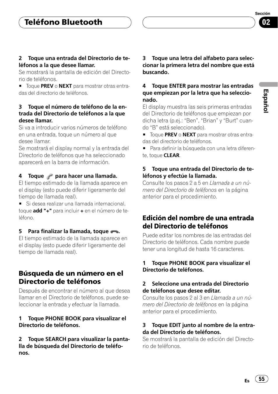 Búsqueda de un número en el, Directorio de teléfonos, Edición del nombre de una entrada del | Teléfono bluetooth | Pioneer CD-BTB20 User Manual | Page 55 / 169