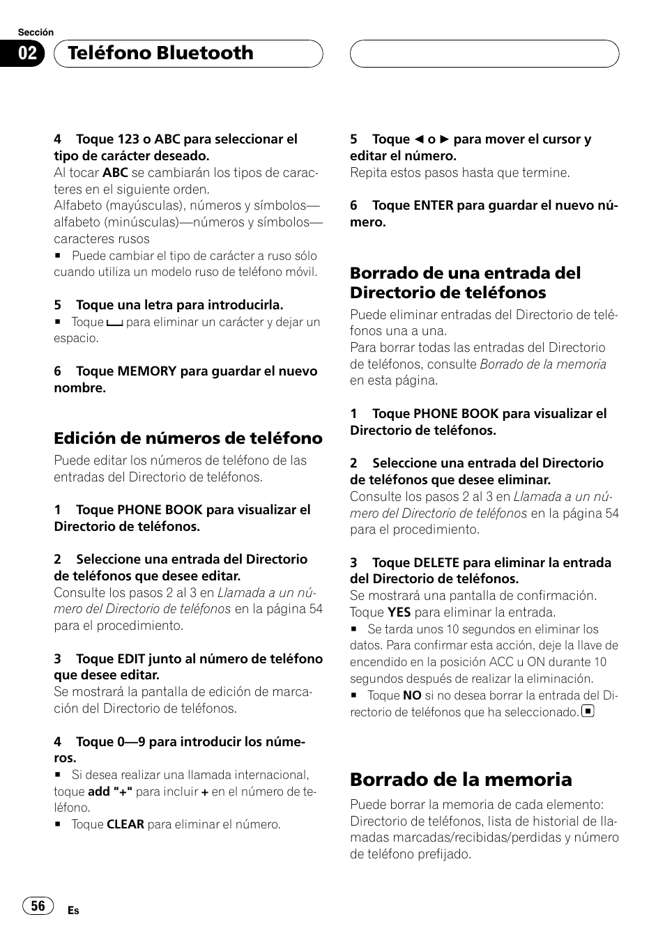 Edición de números de teléfono 56, Borrado de una entrada del directorio, De teléfonos | Borrado de la memoria, Teléfono bluetooth, Edición de números de teléfono, Borrado de una entrada del directorio de teléfonos | Pioneer CD-BTB20 User Manual | Page 56 / 169