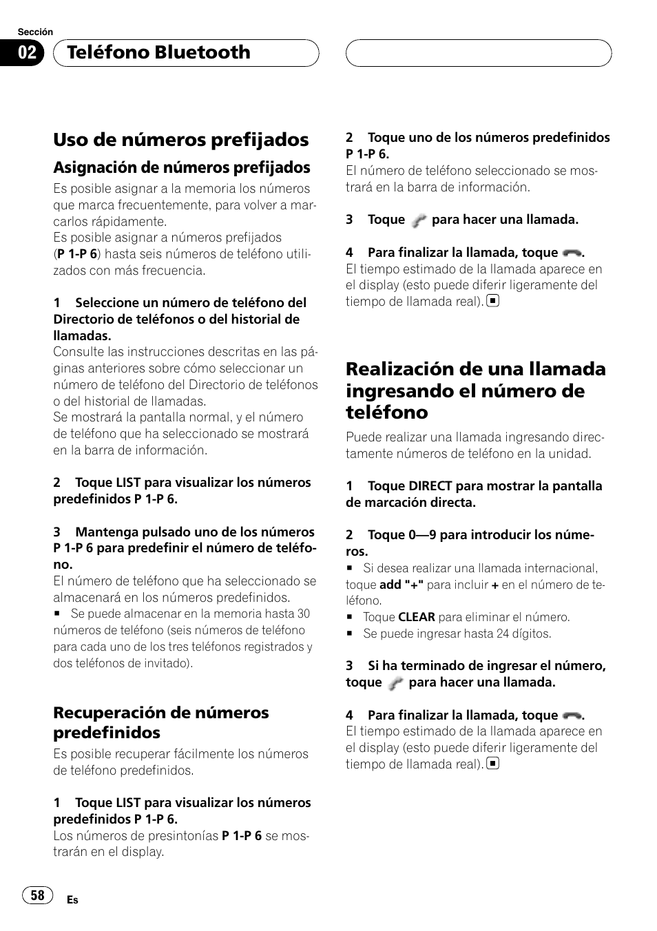 Uso de números prefijados, Asignación de números prefijados 58, Recuperación de números | Predefinidos, Realización de una llamada ingresando el, Número de teléfono, Teléfono bluetooth, Asignación de números prefijados, Recuperación de números predefinidos | Pioneer CD-BTB20 User Manual | Page 58 / 169