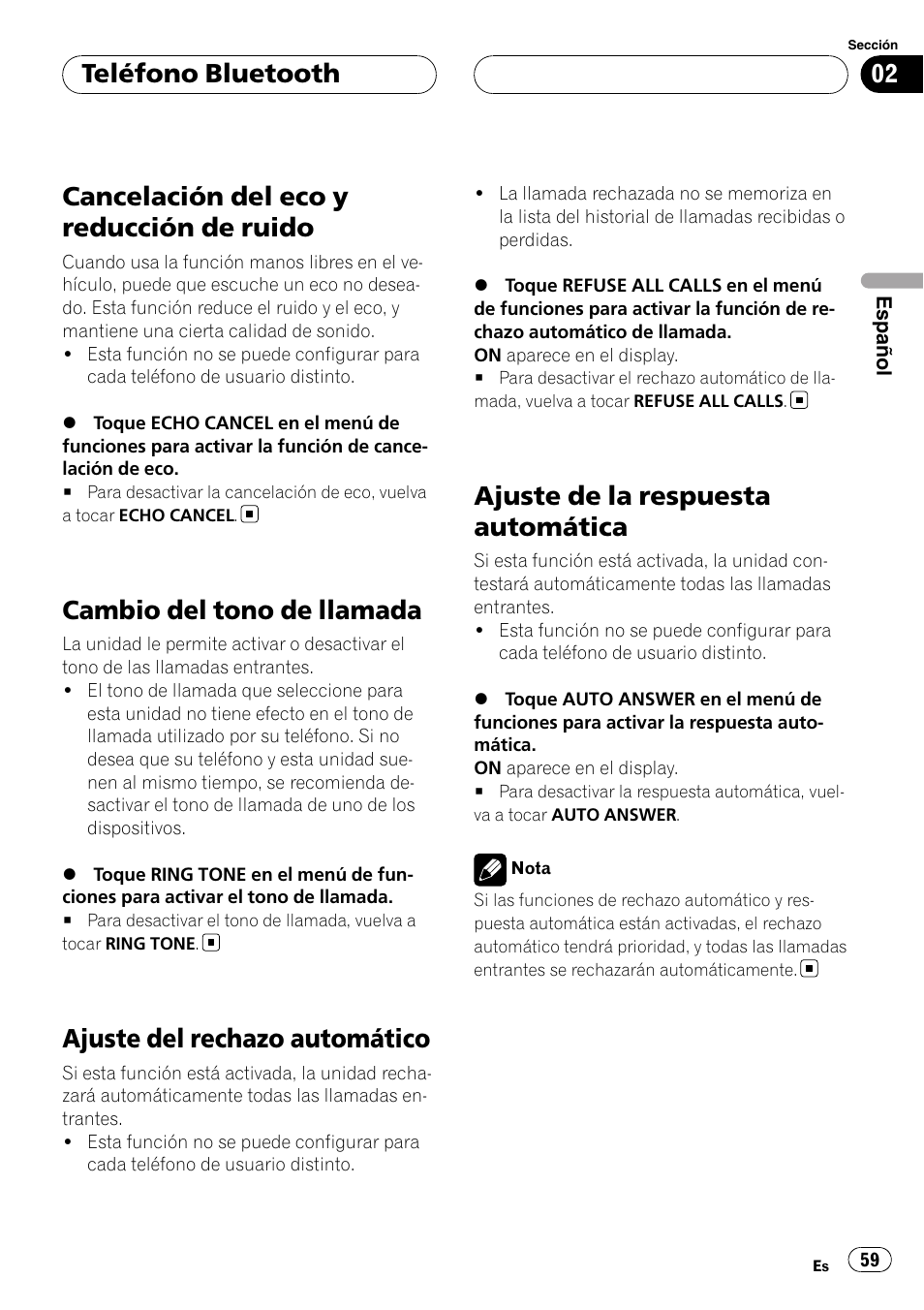 Cancelación del eco y reducción de, Ruido, Cambio del tono de llamada | Ajuste del rechazo automático, Ajuste de la respuesta automática, Cancelación del eco y reducción de ruido, Teléfono bluetooth | Pioneer CD-BTB20 User Manual | Page 59 / 169