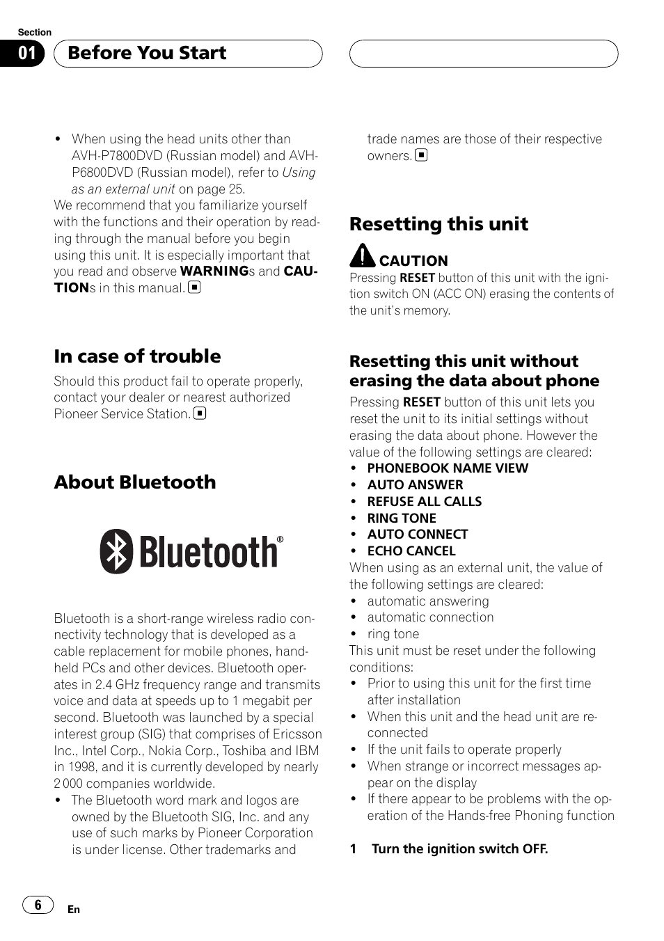 In case of trouble, About bluetooth, Resetting this unit | Resetting this unit without erasing the, Data about phone, Before you start | Pioneer CD-BTB20 User Manual | Page 6 / 169