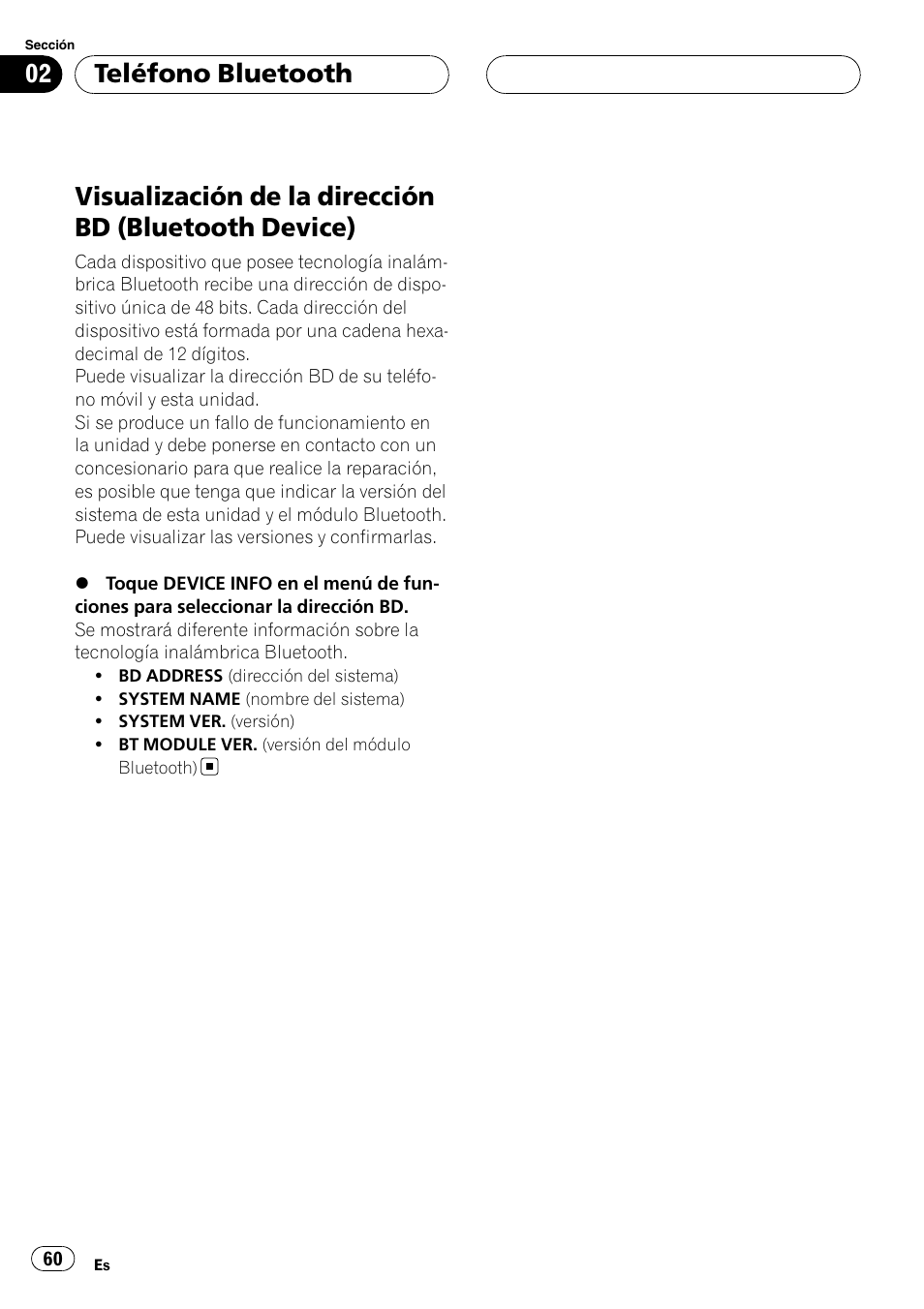 Visualización de la dirección bd (bluetooth, Device), Teléfono bluetooth | Pioneer CD-BTB20 User Manual | Page 60 / 169