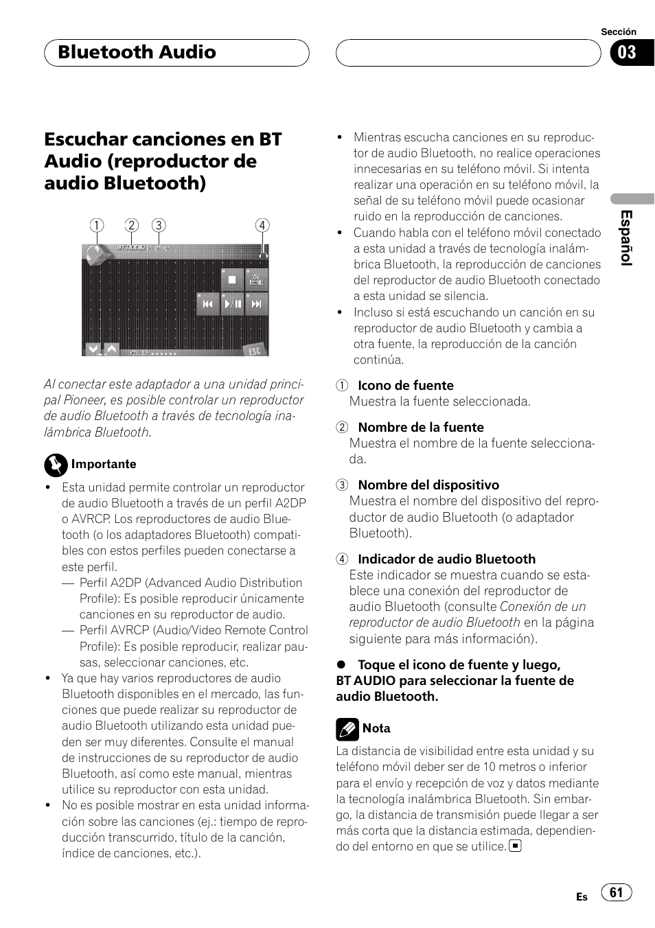 Bluetooth audio escuchar canciones en bt audio, Reproductor de audio bluetooth), Bluetooth audio | Pioneer CD-BTB20 User Manual | Page 61 / 169