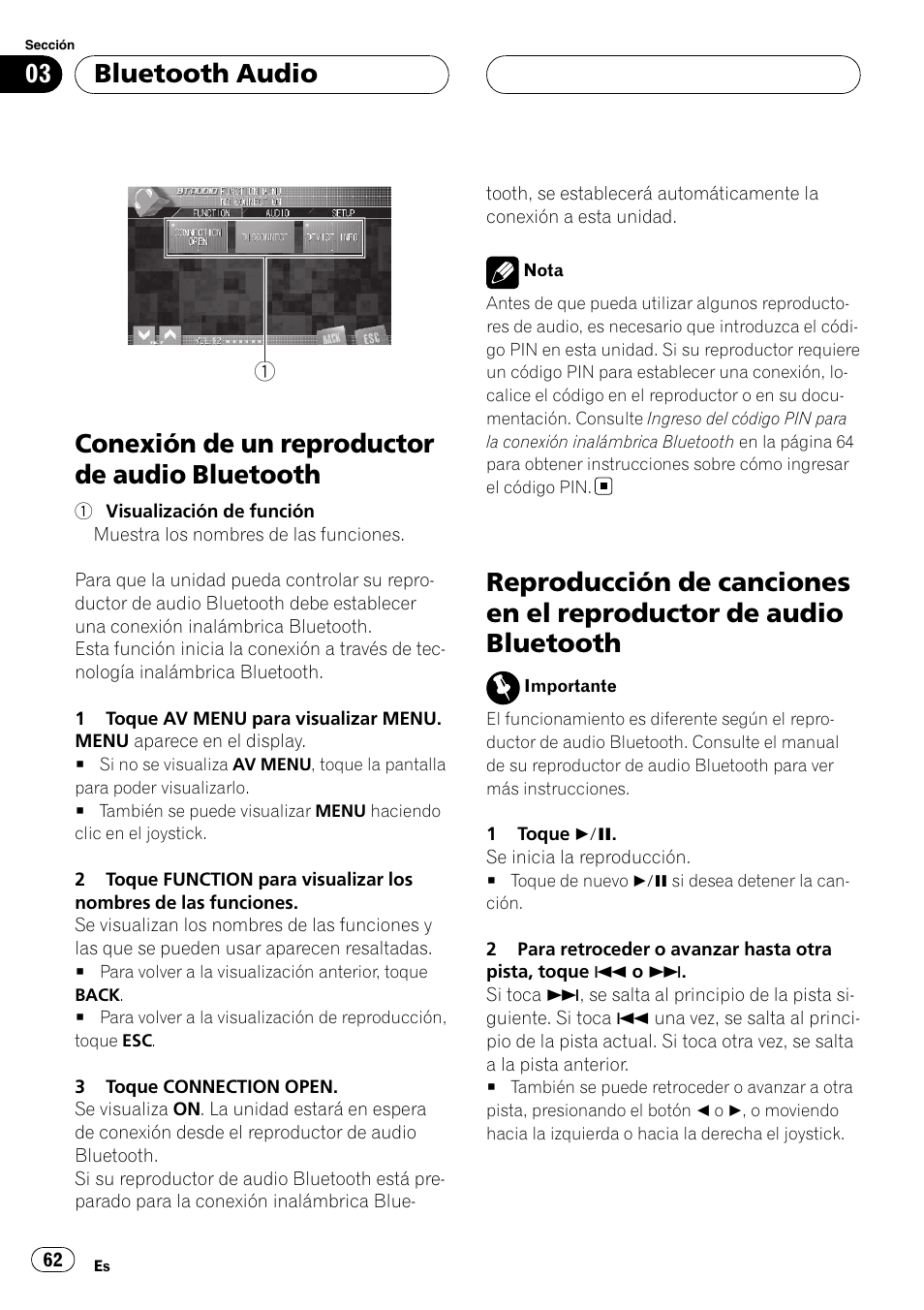 Conexión de un reproductor de audio, Bluetooth, Reproducción de canciones en el | Reproductor de audio bluetooth, Conexión de un reproductor de audio bluetooth, Bluetooth audio | Pioneer CD-BTB20 User Manual | Page 62 / 169