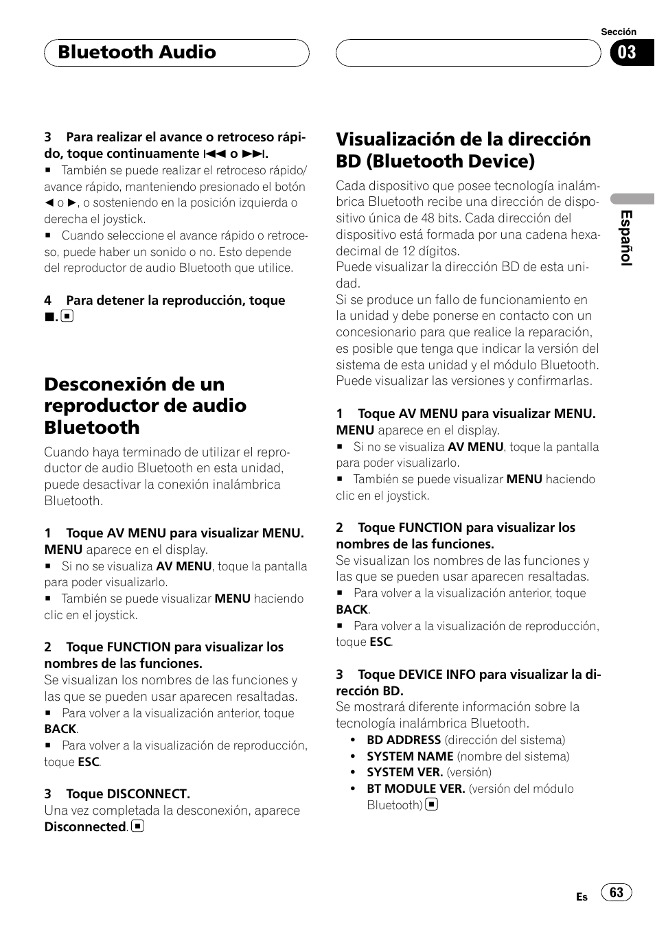 Desconexión de un reproductor de audio, Bluetooth, Visualización de la dirección bd (bluetooth | Device), Desconexión de un reproductor de audio bluetooth, Bluetooth audio | Pioneer CD-BTB20 User Manual | Page 63 / 169