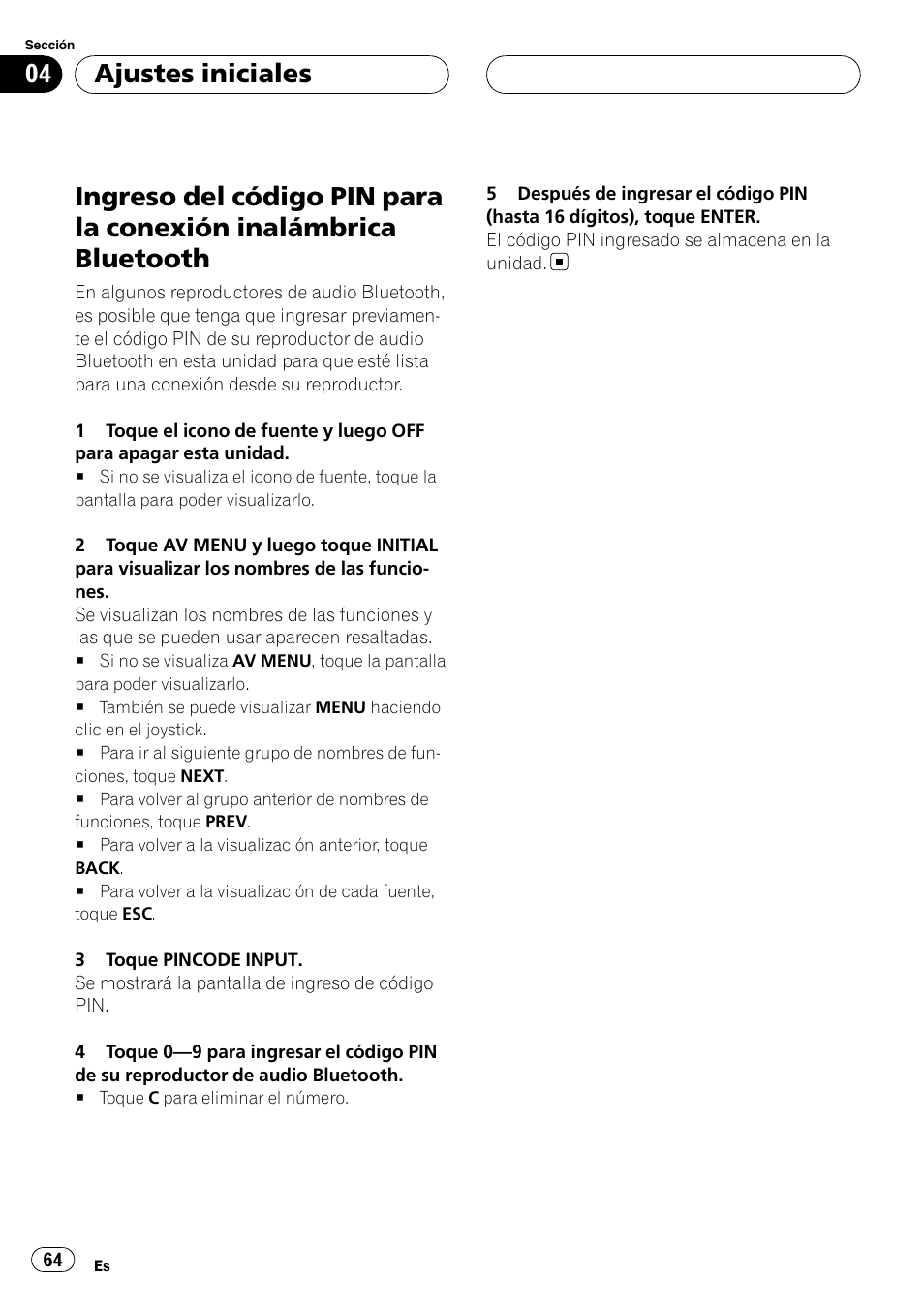 Inalámbrica bluetooth, Ajustes iniciales | Pioneer CD-BTB20 User Manual | Page 64 / 169