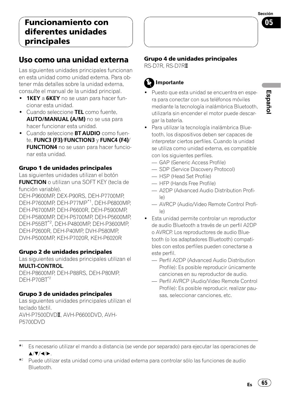 Uso como una unidad externa, Funcionamiento con diferentes unidades principales | Pioneer CD-BTB20 User Manual | Page 65 / 169