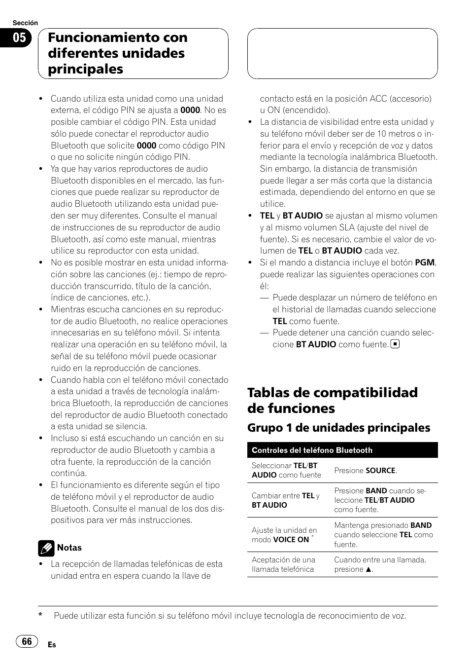 Tablas de compatibilidad de funciones, Grupo 1 de unidades principales 66, Funcionamiento con diferentes unidades principales | Grupo 1 de unidades principales | Pioneer CD-BTB20 User Manual | Page 66 / 169