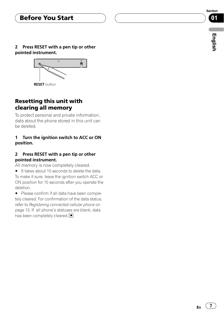 Resetting this unit with clearing all, Memory, Before you start | Pioneer CD-BTB20 User Manual | Page 7 / 169