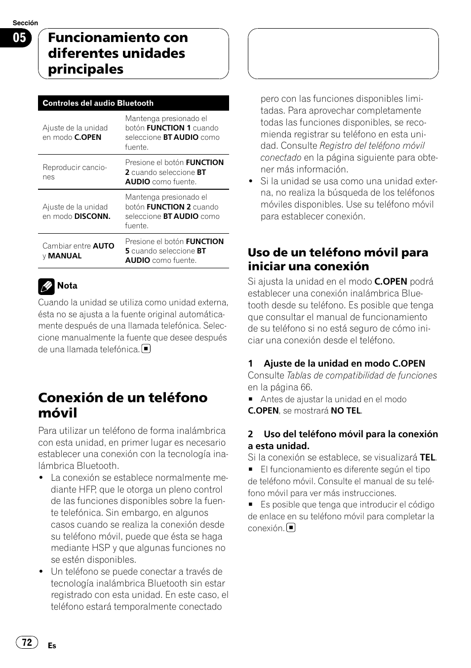 Conexión de un teléfono móvil, Uso de un teléfono móvil para iniciar, Una conexión | Funcionamiento con diferentes unidades principales, Uso de un teléfono móvil para iniciar una conexión | Pioneer CD-BTB20 User Manual | Page 72 / 169