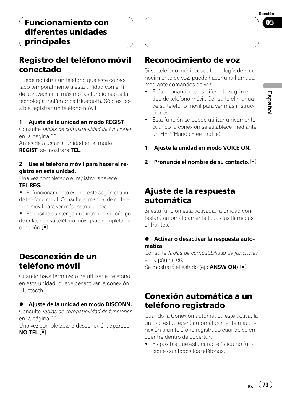Registro del teléfono móvil conectado, Desconexión de un teléfono móvil, Reconocimiento de voz | Ajuste de la respuesta automática, Conexión automática a un teléfono, Registrado, Conexión automática a un teléfono registrado, Funcionamiento con diferentes unidades principales | Pioneer CD-BTB20 User Manual | Page 73 / 169