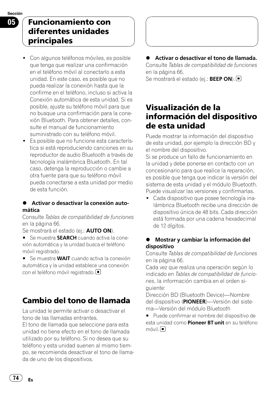 Cambio del tono de llamada, Visualización de la información del, Dispositivo de esta unidad | Funcionamiento con diferentes unidades principales | Pioneer CD-BTB20 User Manual | Page 74 / 169