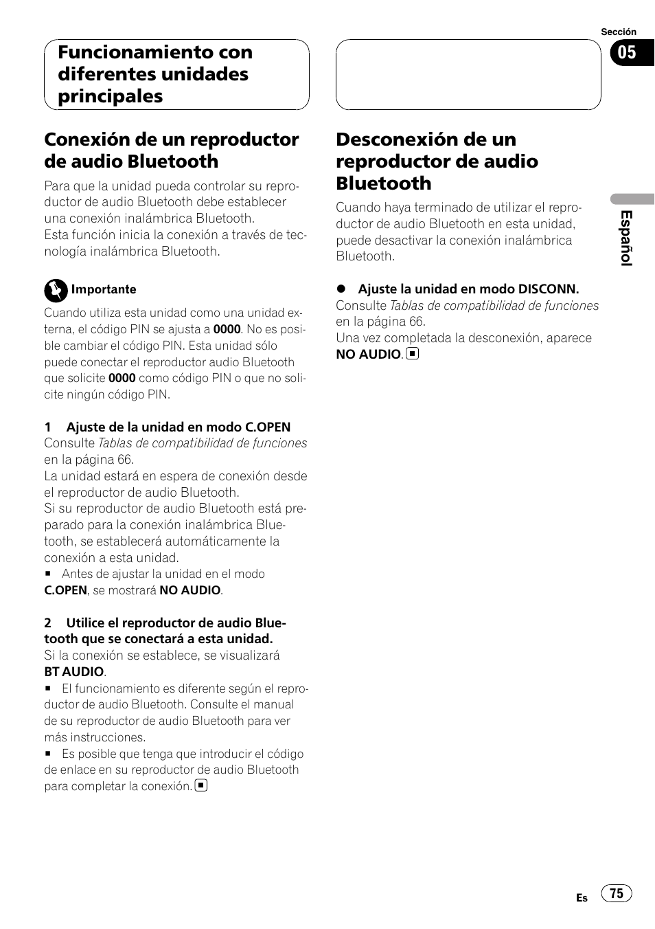 Conexión de un reproductor de audio, Bluetooth, Desconexión de un reproductor de audio | Conexión de un reproductor de audio bluetooth, Desconexión de un reproductor de audio bluetooth, Funcionamiento con diferentes unidades principales | Pioneer CD-BTB20 User Manual | Page 75 / 169