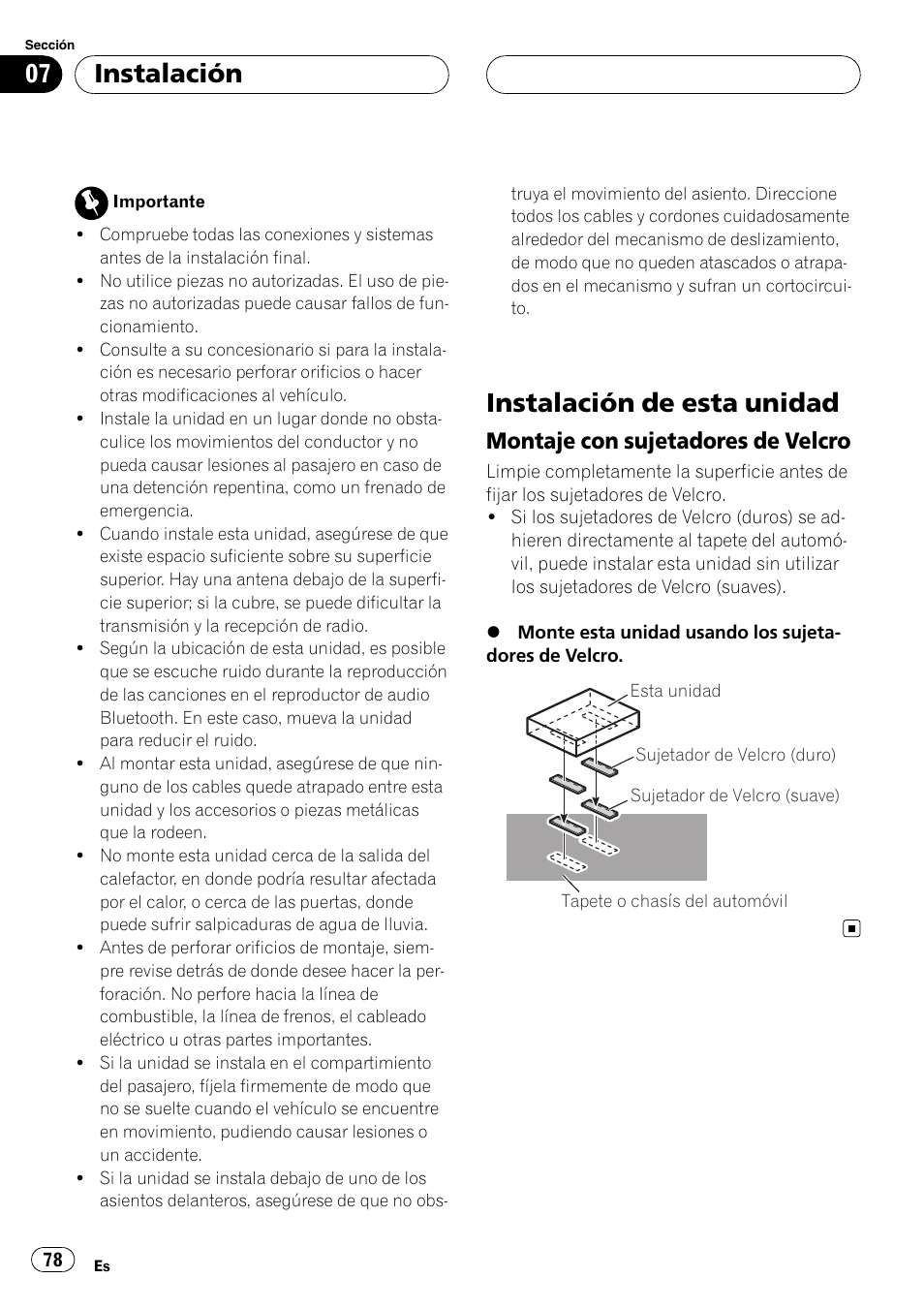 Instalación instalación de esta unidad, Montaje con sujetadores de velcro 78, Instalación de esta unidad | Instalación, Montaje con sujetadores de velcro | Pioneer CD-BTB20 User Manual | Page 78 / 169