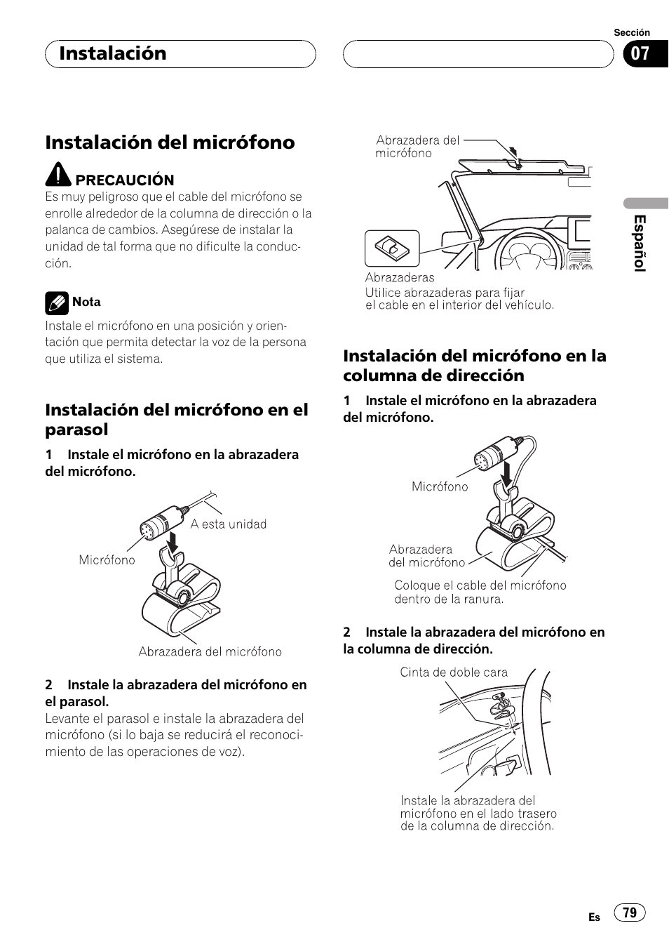 Instalación del micrófono, Instalación del micrófono en el, Parasol | Instalación del micrófono en la, Columna de dirección, Instalación | Pioneer CD-BTB20 User Manual | Page 79 / 169