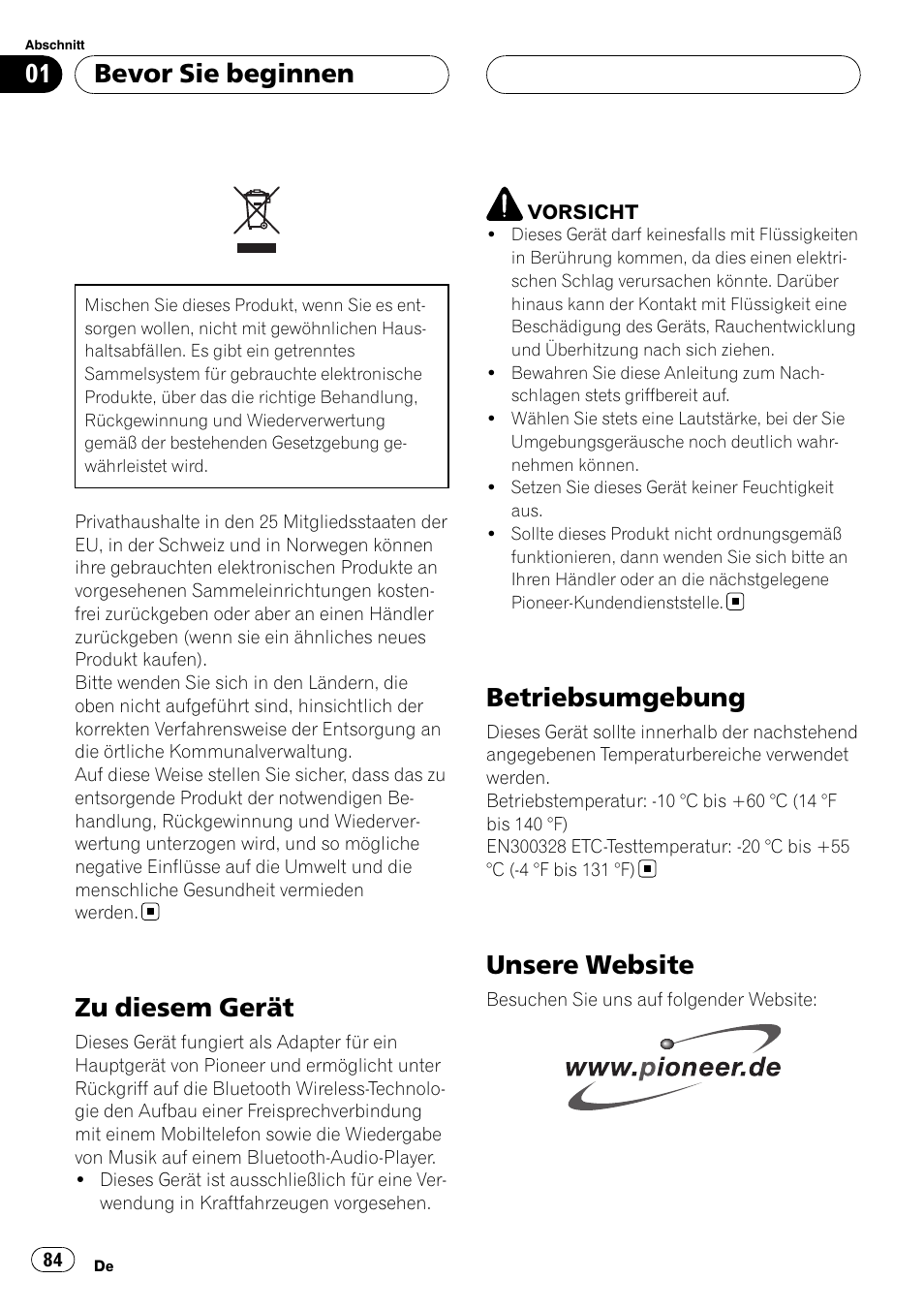 Bevor sie beginnen, Zu diesem gerät, Betriebsumgebung | Unsere website | Pioneer CD-BTB20 User Manual | Page 84 / 169