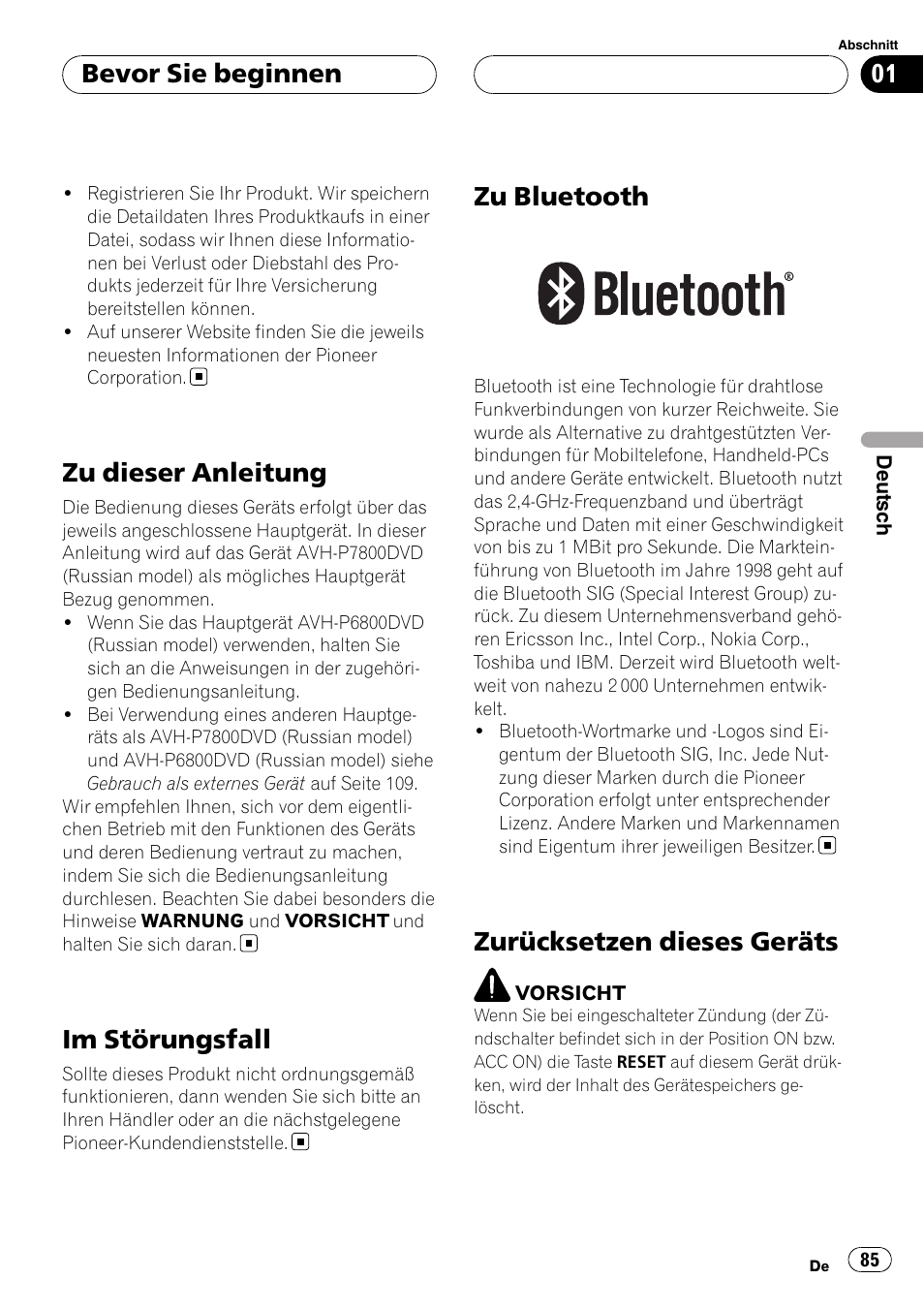 Zu dieser anleitung, Im störungsfall, Zu bluetooth | Zurücksetzen dieses geräts, Bevor sie beginnen | Pioneer CD-BTB20 User Manual | Page 85 / 169