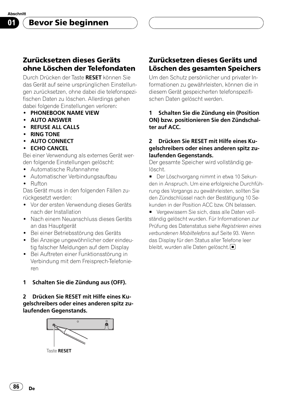 Zurücksetzen dieses geräts ohne, Löschen der telefondaten, Zurücksetzen dieses geräts und | Löschen des gesamten speichers, Bevor sie beginnen | Pioneer CD-BTB20 User Manual | Page 86 / 169