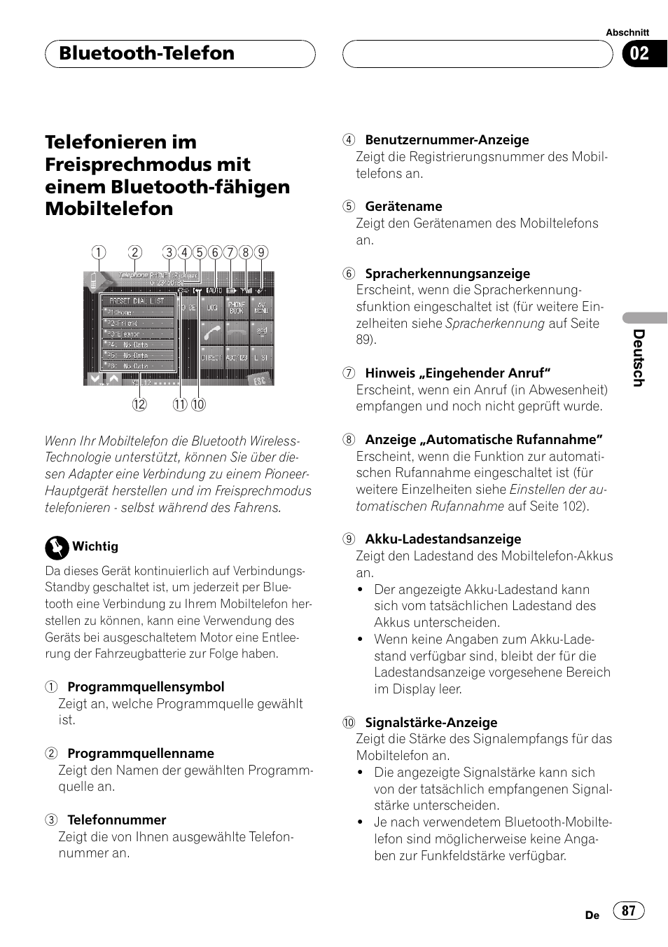 Bluetooth-fähigen mobiltelefon, Bluetooth-telefon | Pioneer CD-BTB20 User Manual | Page 87 / 169