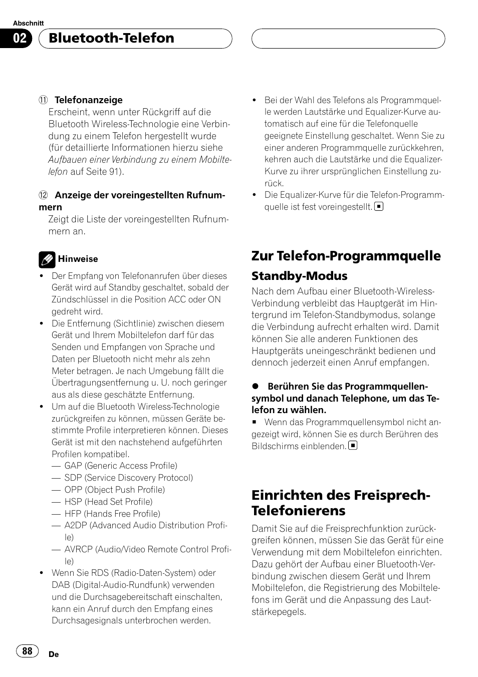 Zur telefon-programmquelle, Standby-modus 88, Einrichten des freisprech-telefonierens | Einrichten des freisprech- telefonierens, Bluetooth-telefon, Standby-modus | Pioneer CD-BTB20 User Manual | Page 88 / 169