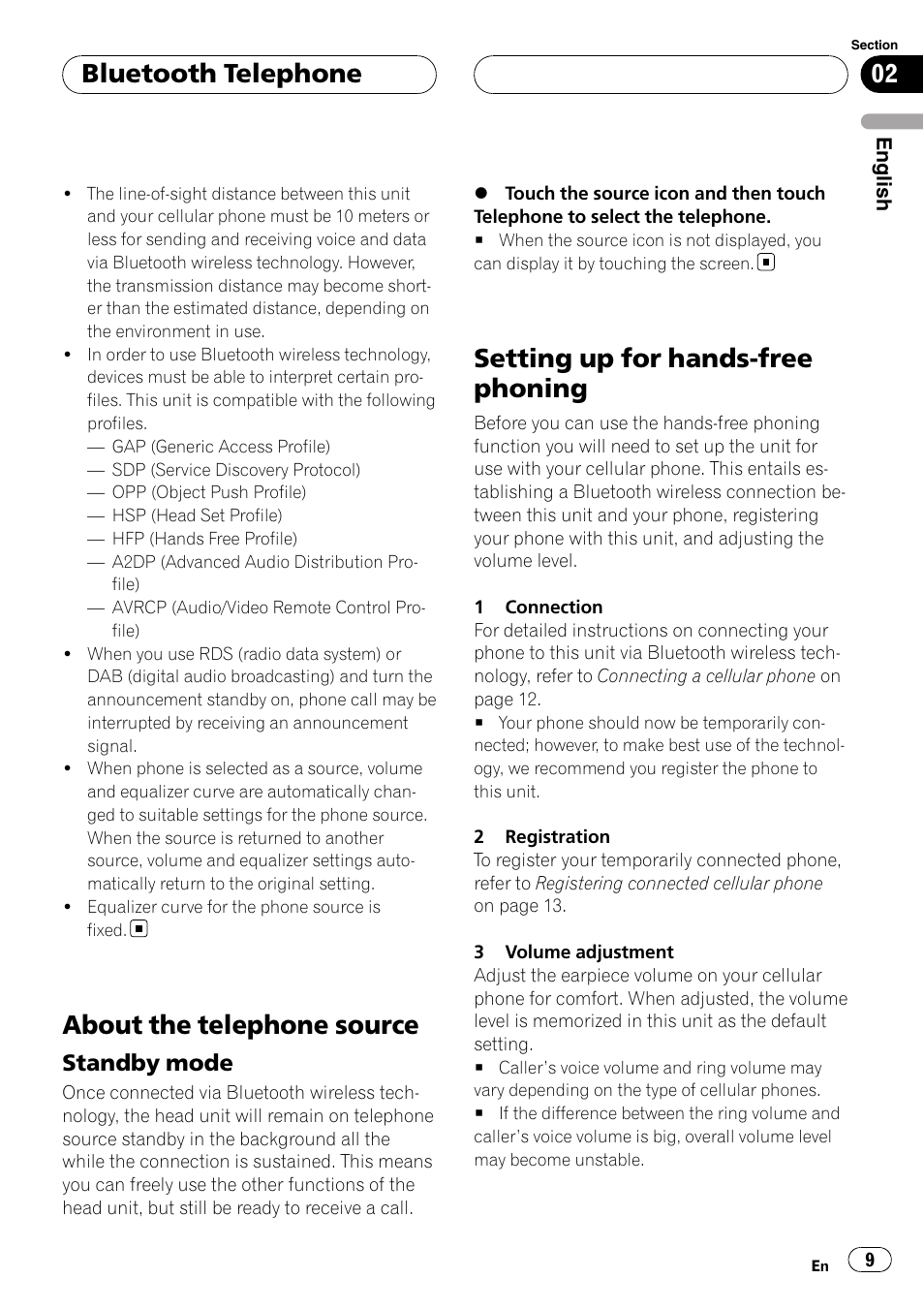 About the telephone source, Standby mode 9, Setting up for hands-free phoning | Bluetooth telephone, Standby mode | Pioneer CD-BTB20 User Manual | Page 9 / 169