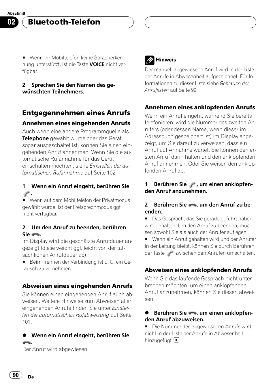 Entgegennehmen eines anrufs 90, Bluetooth-telefon, Entgegennehmen eines anrufs | Pioneer CD-BTB20 User Manual | Page 90 / 169