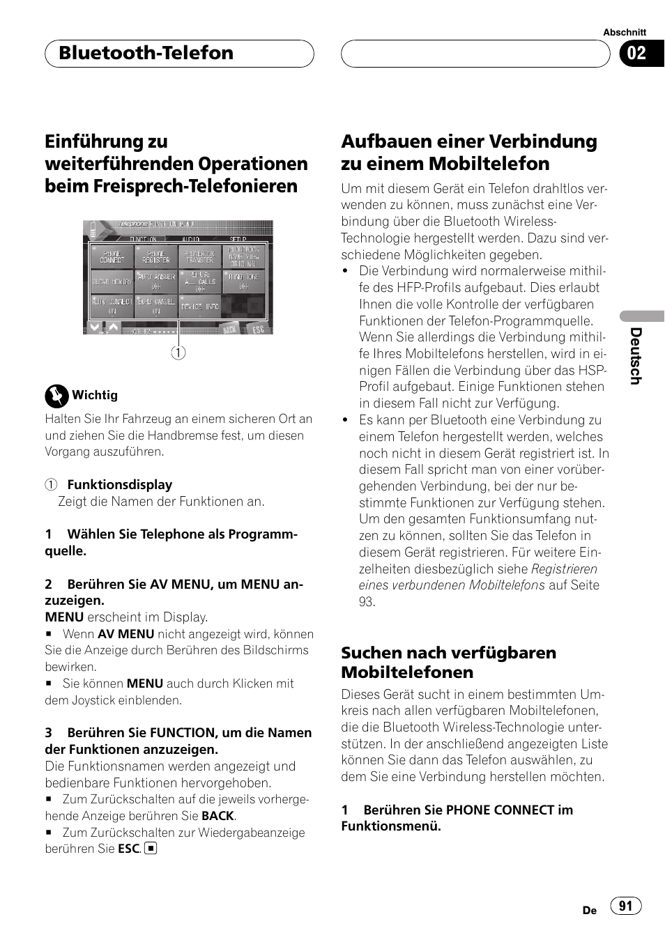 Einführung zu weiterführenden operationen, Beim freisprech-telefonieren, Aufbauen einer verbindung zu einem | Mobiltelefon, Suchen nach verfügbaren, Mobiltelefonen, Aufbauen einer verbindung zu einem mobiltelefon, Bluetooth-telefon | Pioneer CD-BTB20 User Manual | Page 91 / 169