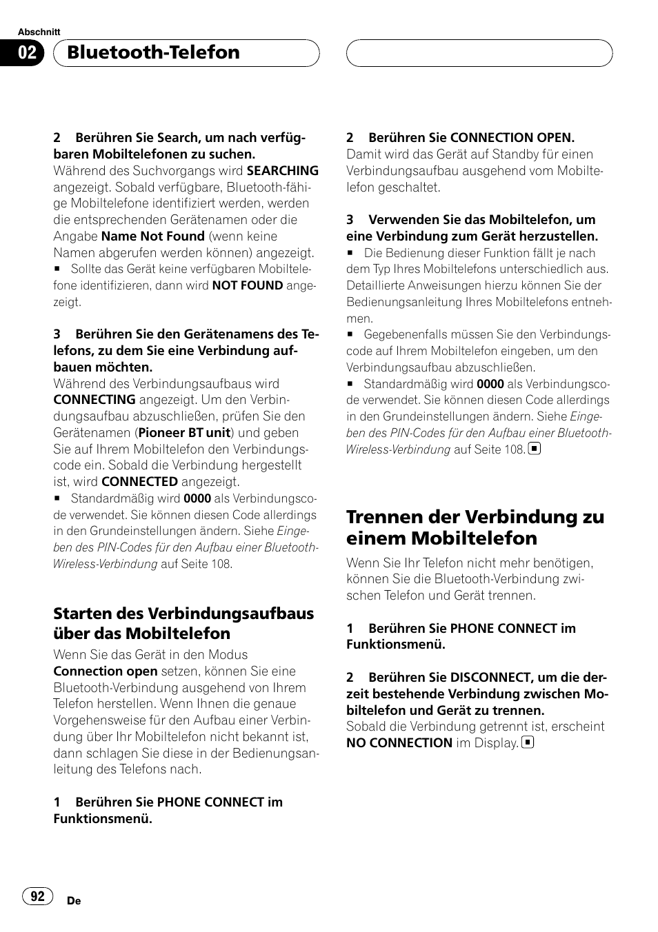 Starten des verbindungsaufbaus über, Das mobiltelefon, Trennen der verbindung zu einem | Mobiltelefon, Trennen der verbindung zu einem mobiltelefon, Bluetooth-telefon | Pioneer CD-BTB20 User Manual | Page 92 / 169