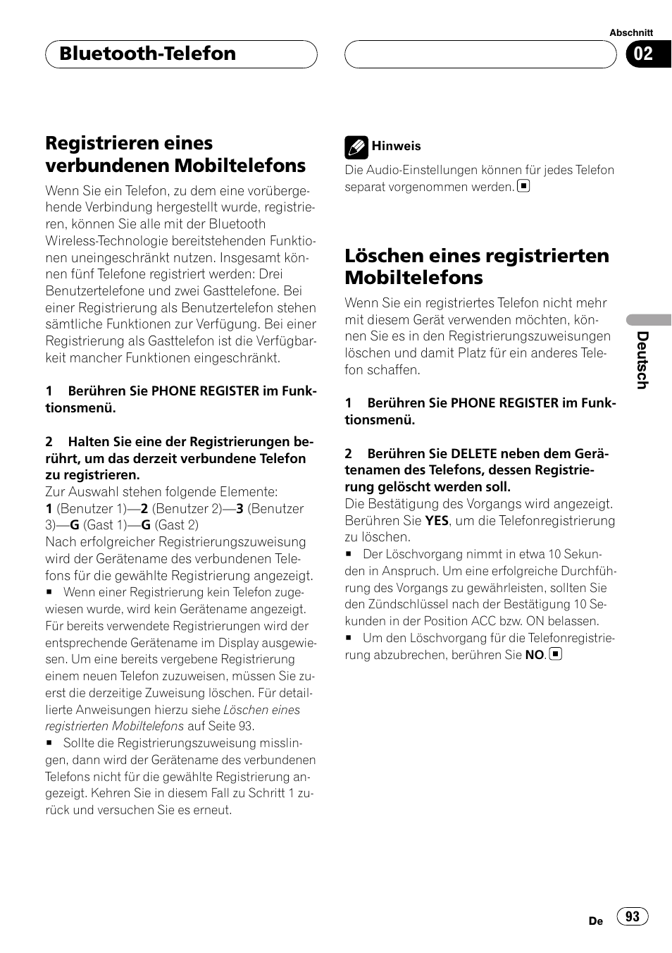 Registrieren eines verbundenen, Mobiltelefons, Löschen eines registrierten | Registrieren eines verbundenen mobiltelefons, Löschen eines registrierten mobiltelefons, Bluetooth-telefon | Pioneer CD-BTB20 User Manual | Page 93 / 169