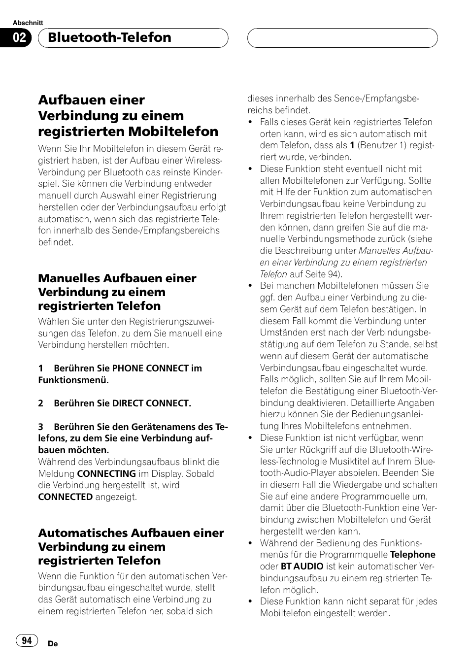 Aufbauen einer verbindung zu einem, Registrierten mobiltelefon, Manuelles aufbauen einer verbindung | Zu einem registrierten telefon, Automatisches aufbauen einer, Verbindung zu einem registrierten telefon, Bluetooth-telefon | Pioneer CD-BTB20 User Manual | Page 94 / 169