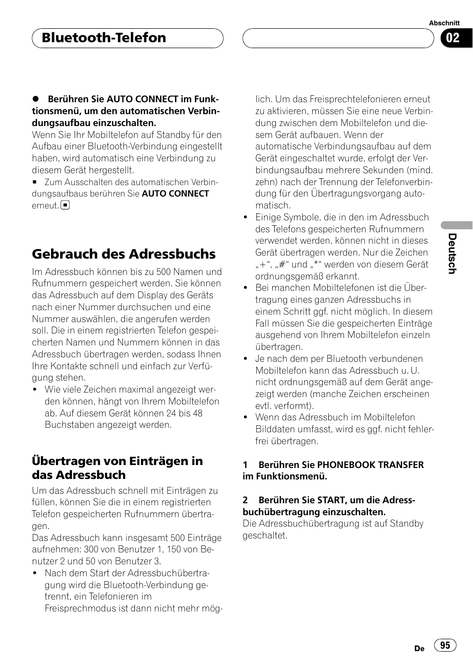 Gebrauch des adressbuchs, Übertragen von einträgen in das, Adressbuch | Bluetooth-telefon | Pioneer CD-BTB20 User Manual | Page 95 / 169