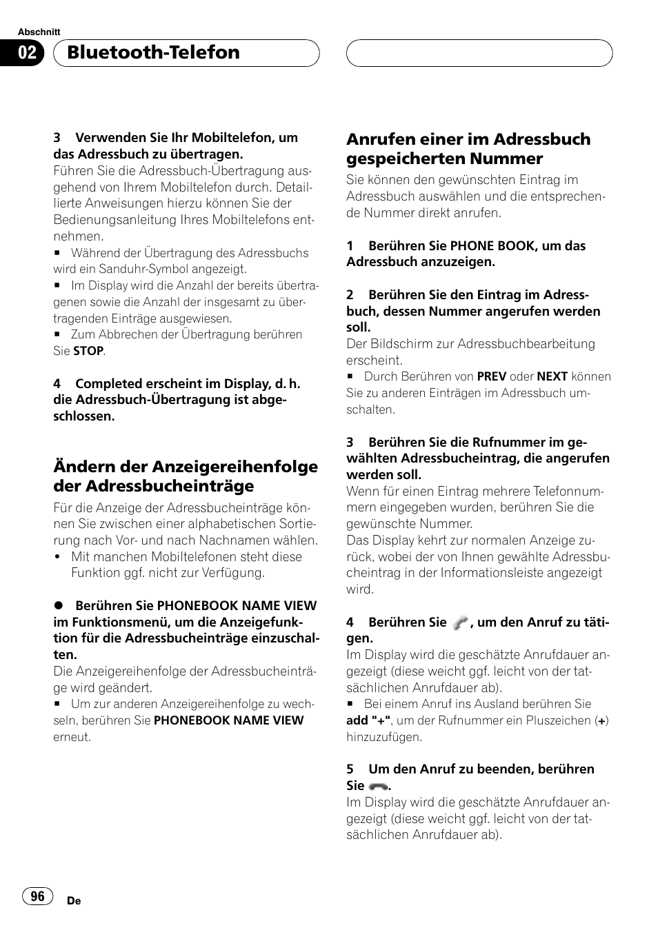 Ändern der anzeigereihenfolge der, Adressbucheinträge, Anrufen einer im adressbuch | Gespeicherten nummer, Bluetooth-telefon, Anrufen einer im adressbuch gespeicherten nummer | Pioneer CD-BTB20 User Manual | Page 96 / 169