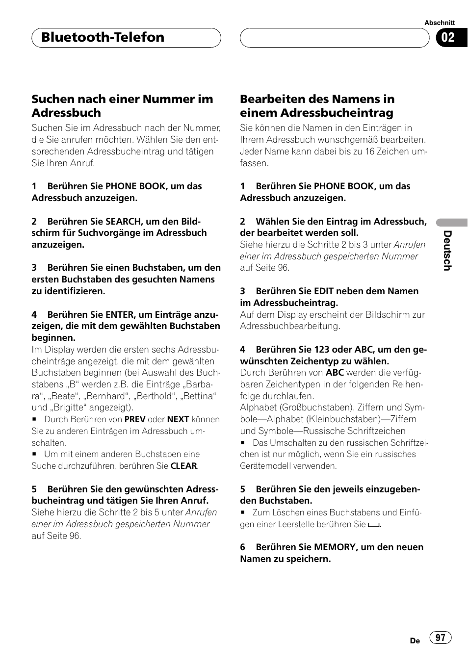 Suchen nach einer nummer im, Adressbuch, Bearbeiten des namens in einem | Adressbucheintrag, Bluetooth-telefon, Suchen nach einer nummer im adressbuch, Bearbeiten des namens in einem adressbucheintrag | Pioneer CD-BTB20 User Manual | Page 97 / 169