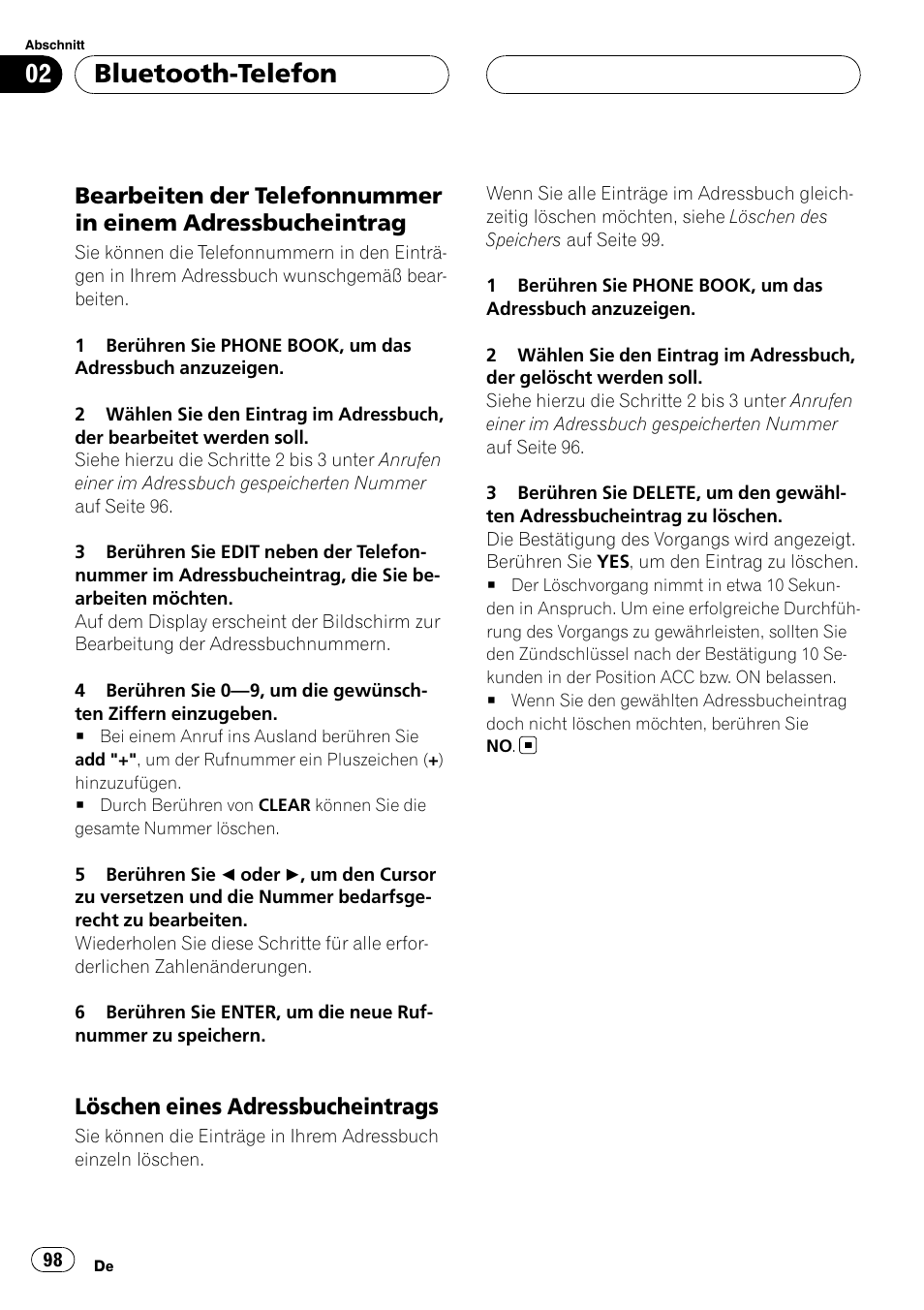 Bearbeiten der telefonnummer in, Einem adressbucheintrag, Löschen eines | Adressbucheintrags, Bluetooth-telefon, Löschen eines adressbucheintrags | Pioneer CD-BTB20 User Manual | Page 98 / 169