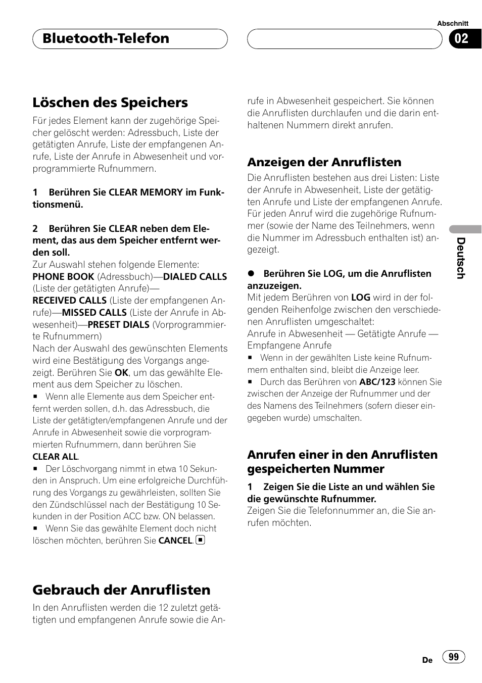 Löschen des speichers, Gebrauch der anruflisten, Anzeigen der anruflisten 99 | Anrufen einer in den anruflisten, Gespeicherten nummer, Bluetooth-telefon | Pioneer CD-BTB20 User Manual | Page 99 / 169
