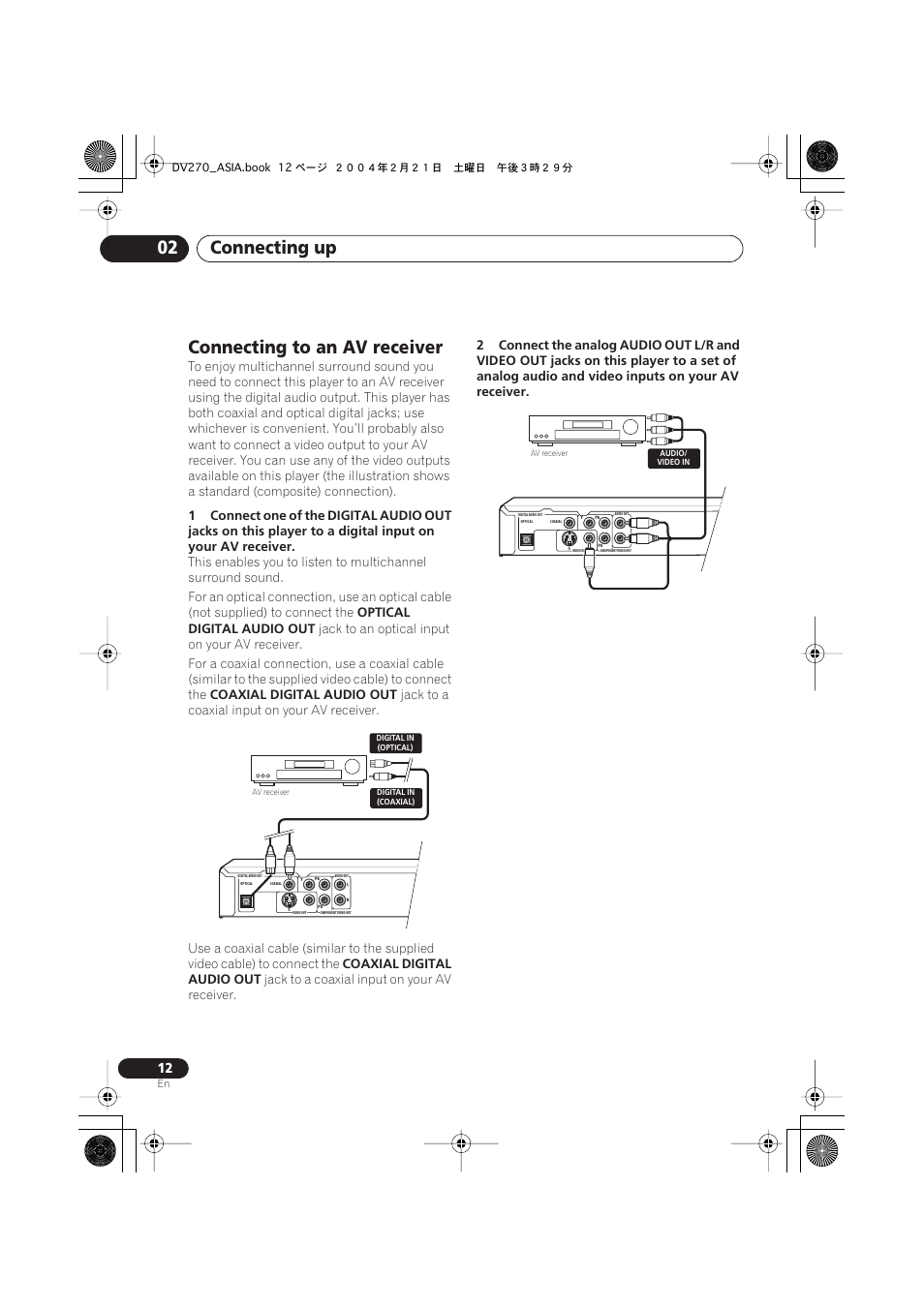 Connecting to an av receiver, Connecting up 02 | Pioneer DV-373-K User Manual | Page 12 / 41