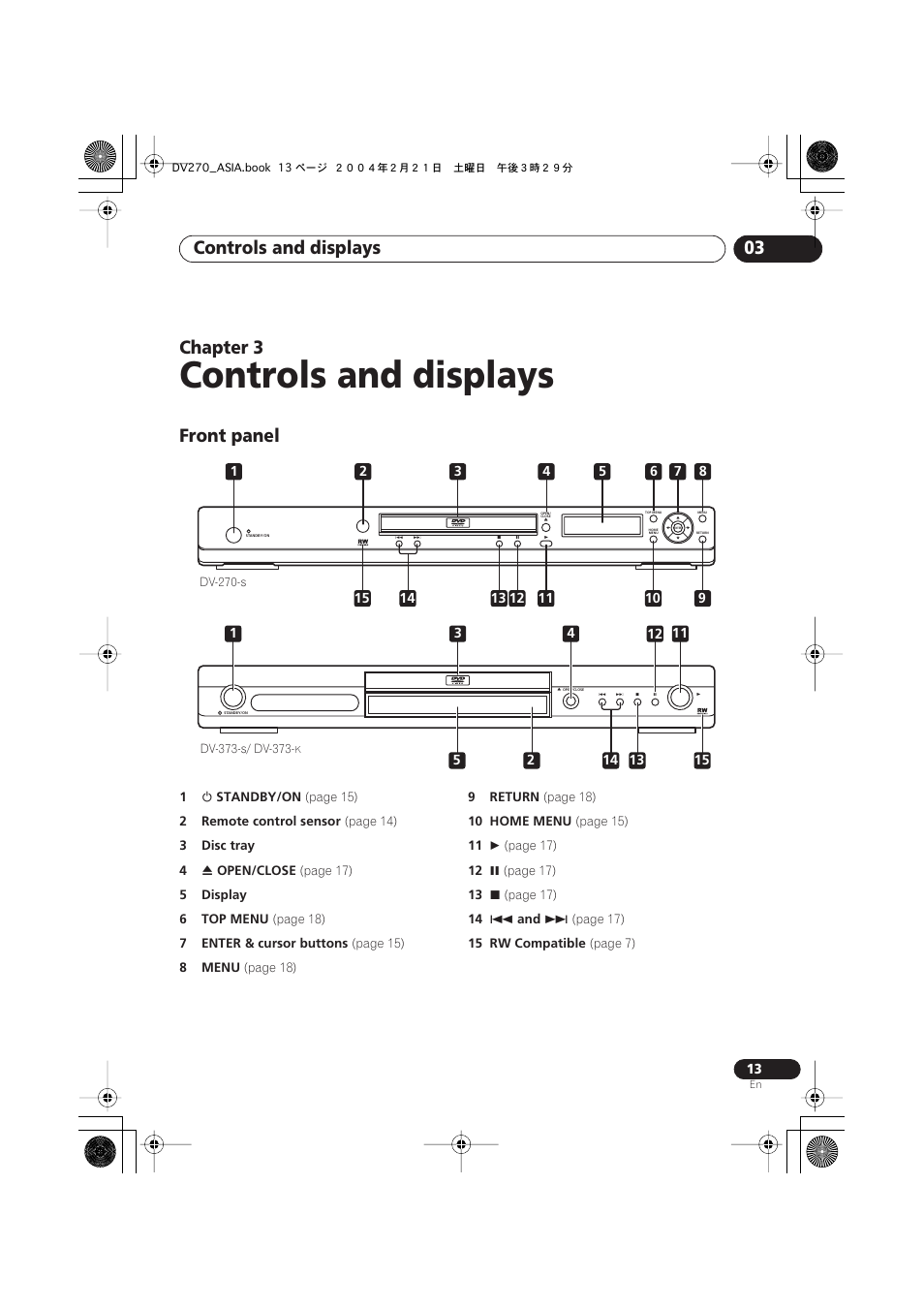 03 controls and displays, Front panel, Controls and displays | Controls and displays 03, Chapter 3 | Pioneer DV-373-K User Manual | Page 13 / 41