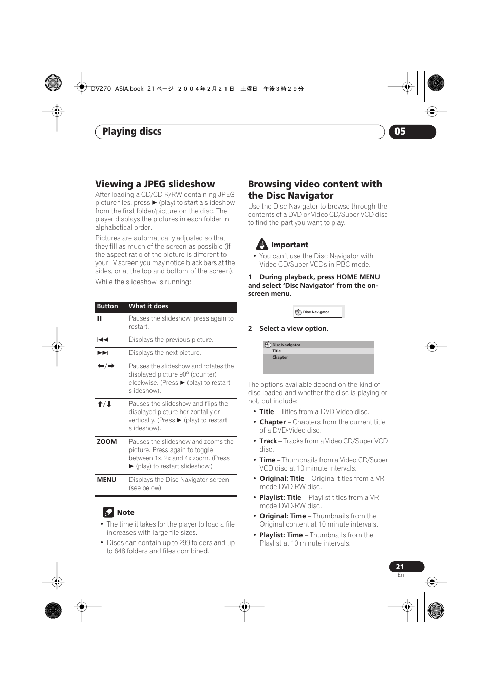 Viewing a jpeg slideshow, Browsing video content with the disc navigator, Playing discs 05 | Pioneer DV-373-K User Manual | Page 21 / 41