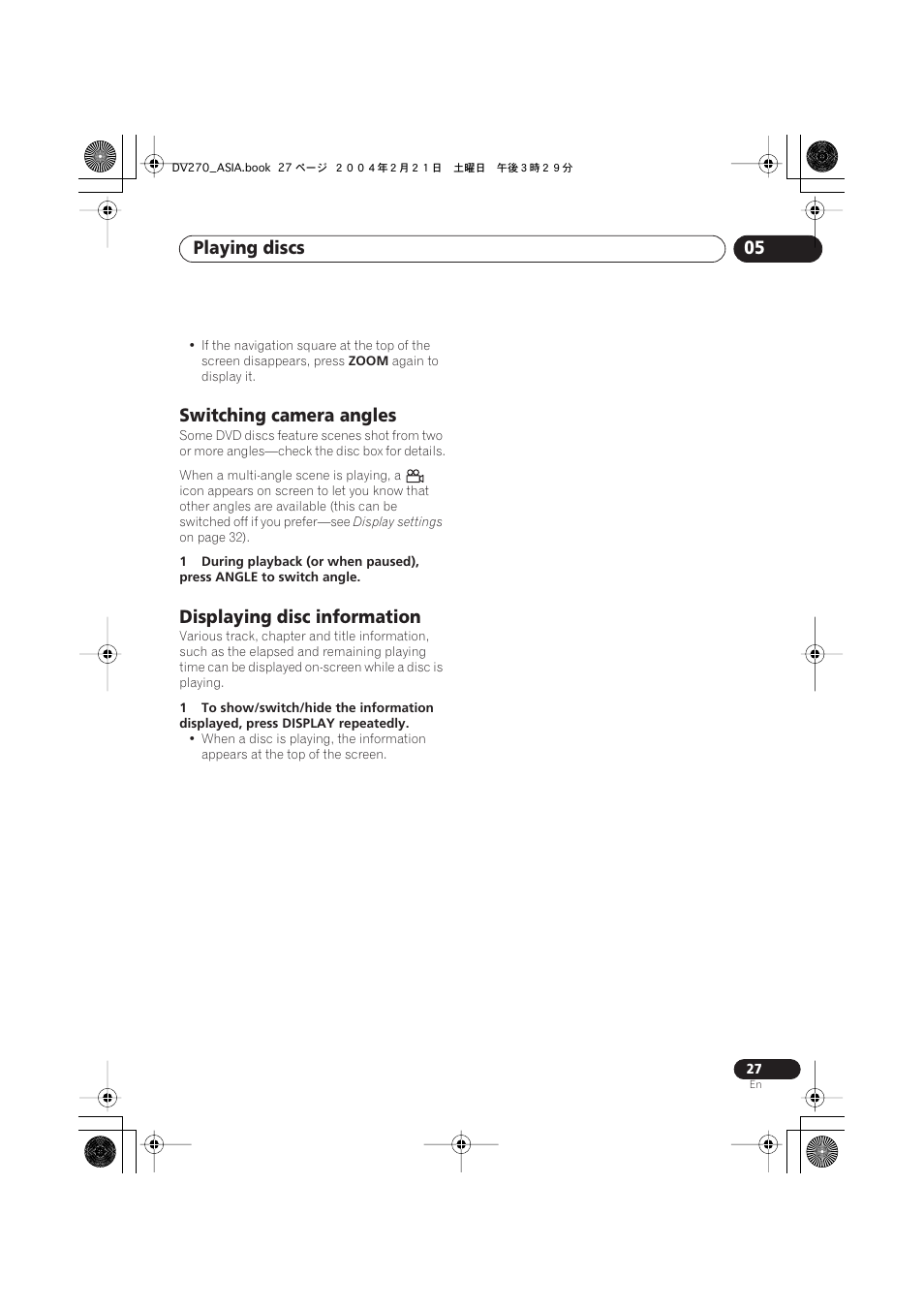 Switching camera angles, Displaying disc information, Playing discs 05 | Pioneer DV-373-K User Manual | Page 27 / 41