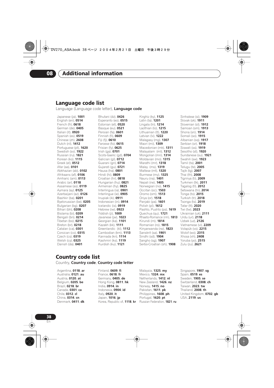 Language code list, Country code list, Additional information 08 | Pioneer DV-373-K User Manual | Page 38 / 41
