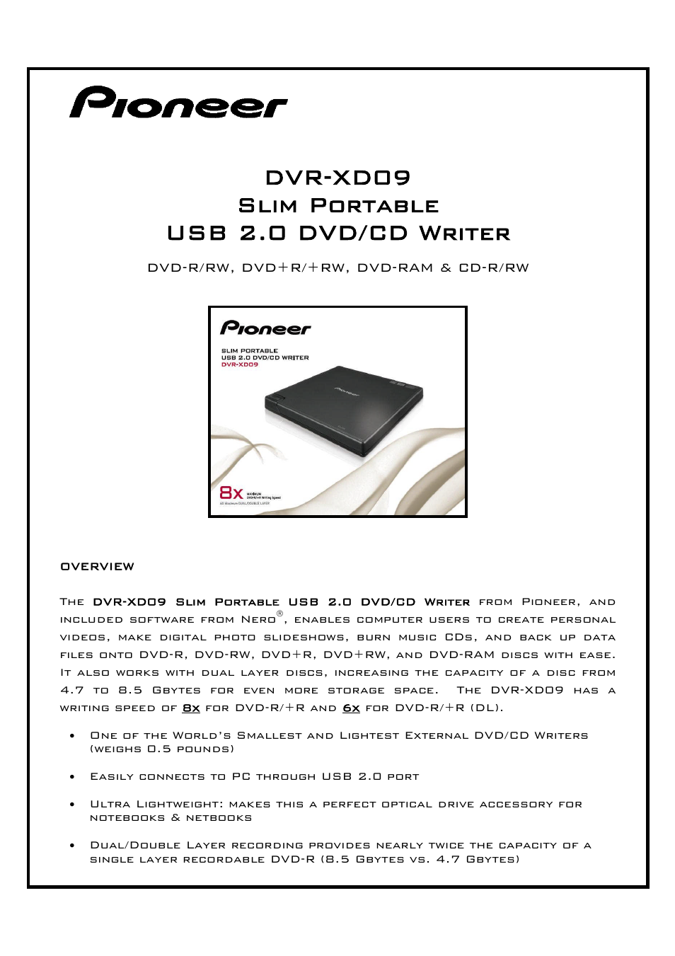 Pioneer DVR-XD09 User Manual | 2 pages