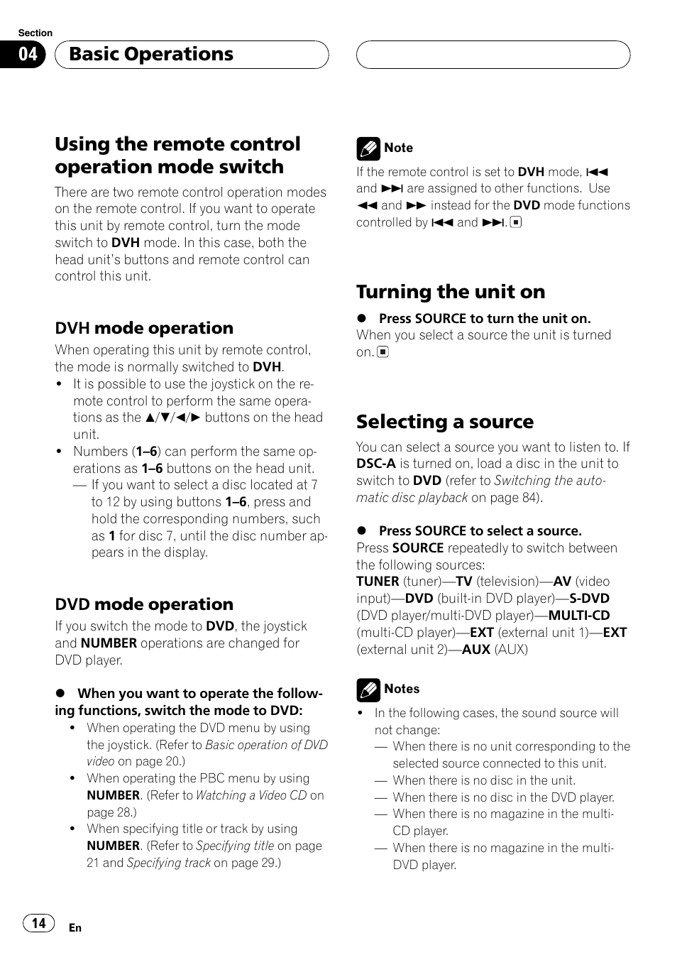 Switch 14, Turning the unit on 14 selecting a source 14, Using the remote control operation mode switch | Turning the unit on, Selecting a source, Basic operations, Dvh mode operation, Dvd mode operation | Pioneer DVH-P5650MP User Manual | Page 14 / 102