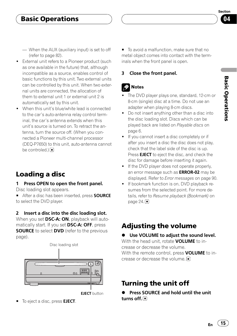 Loading a disc, Adjusting the volume, Turning the unit off | Basic operations | Pioneer DVH-P5650MP User Manual | Page 15 / 102