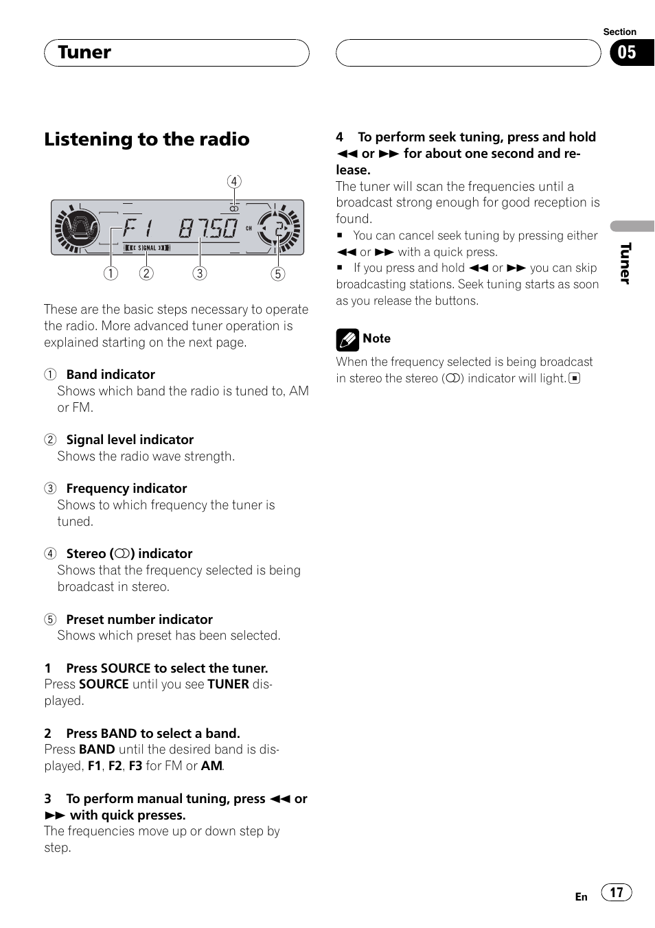 Tuner listening to the radio 17, Listening to the radio, Tuner | Pioneer DVH-P5650MP User Manual | Page 17 / 102