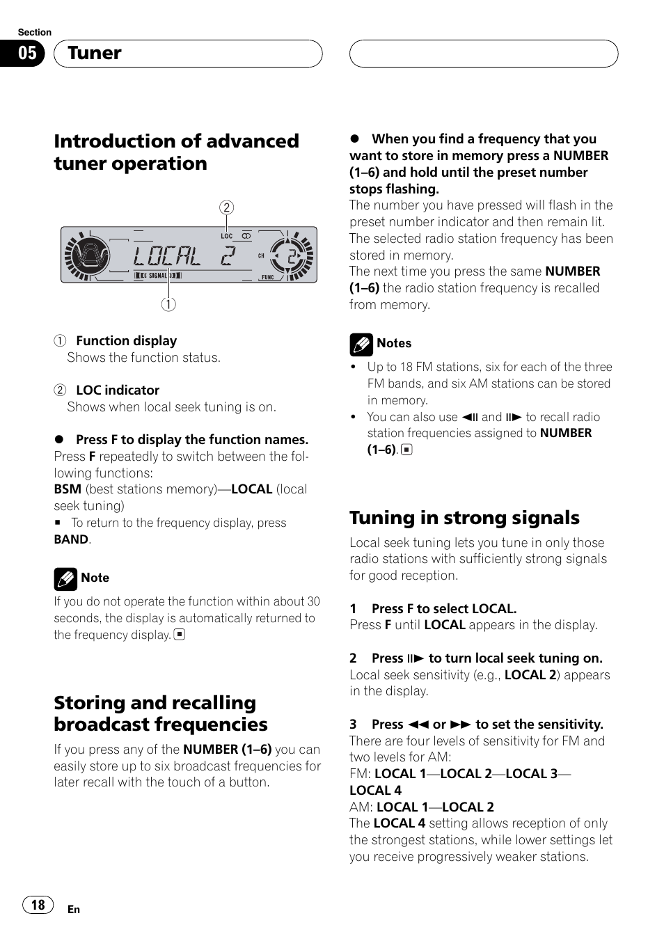 Introduction of advanced tuner, Operation 18, Storing and recalling broadcast | Frequencies 18, Tuning in strong signals 18, Introduction of advanced tuner operation, Storing and recalling broadcast frequencies, Tuning in strong signals, Tuner | Pioneer DVH-P5650MP User Manual | Page 18 / 102
