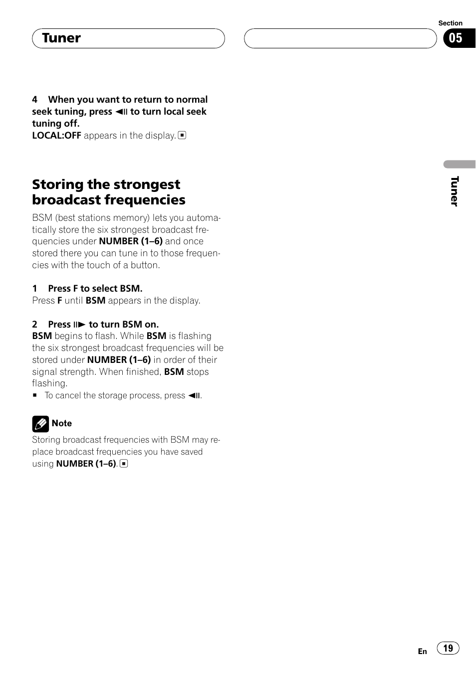 Storing the strongest broadcast, Frequencies 19, Storing the strongest broadcast frequencies | Tuner | Pioneer DVH-P5650MP User Manual | Page 19 / 102
